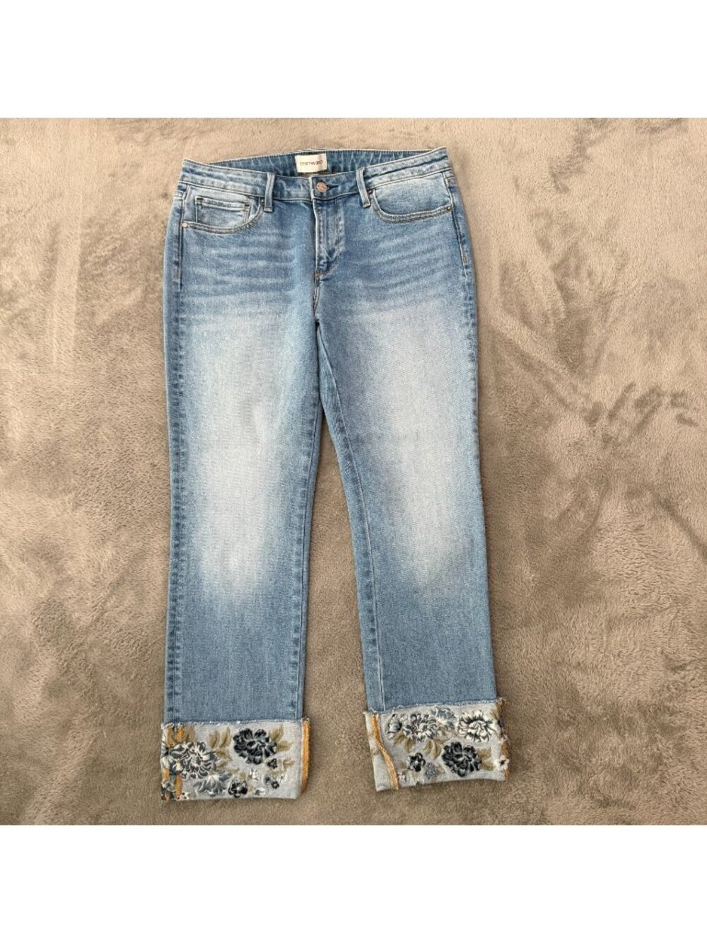 Driftwood Colette Embroidered Hem Straight Leg Cuffed Jeans Womens 8